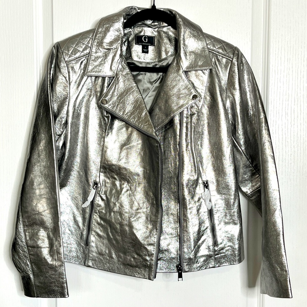 G by Giuliana Metallic Silver Leather Moto Jacket